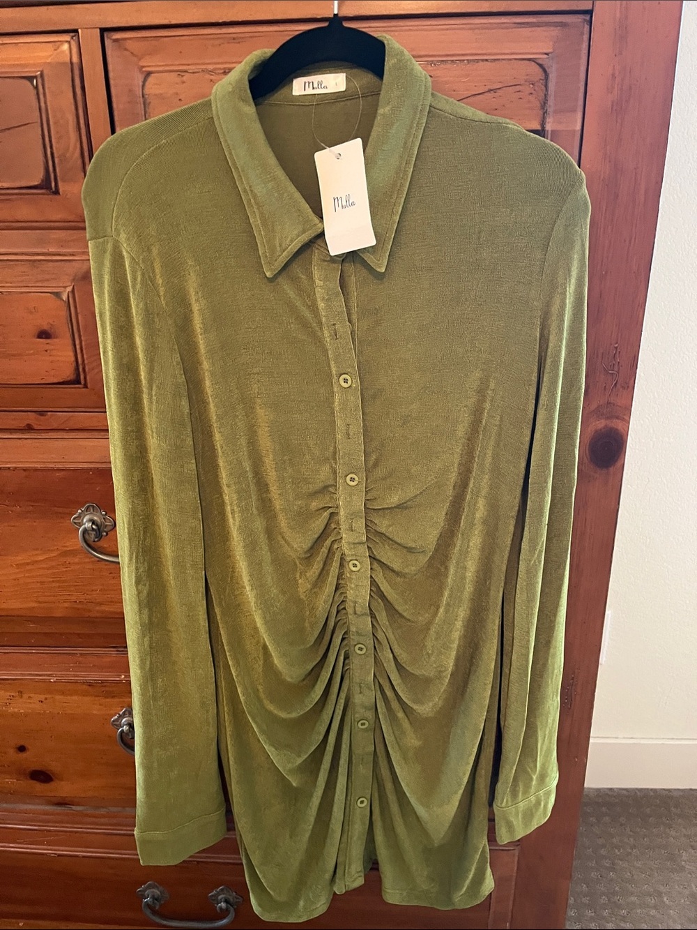 Mulla Olive Green Ruched Front Button-Down Tunic NWT